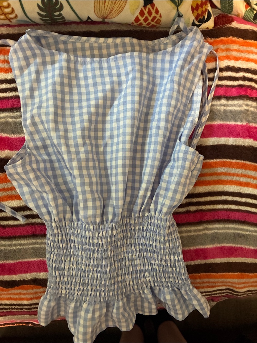 SHEIN Blue and White Gingham Smocked Waist Sleeveless Top
